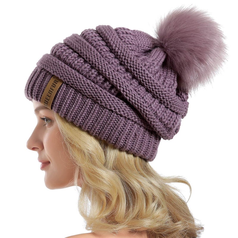 QUEENFUR Women Knit Slouchy Beanie Chunky Baggy Hat with Faux Fur Pompom Winter Soft Warm Ski Cap - Image 1